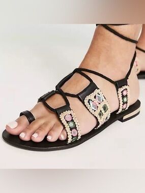 Free People Mantra Mirror Sandals Black Boho Gladiator Lace Up EU 38.5